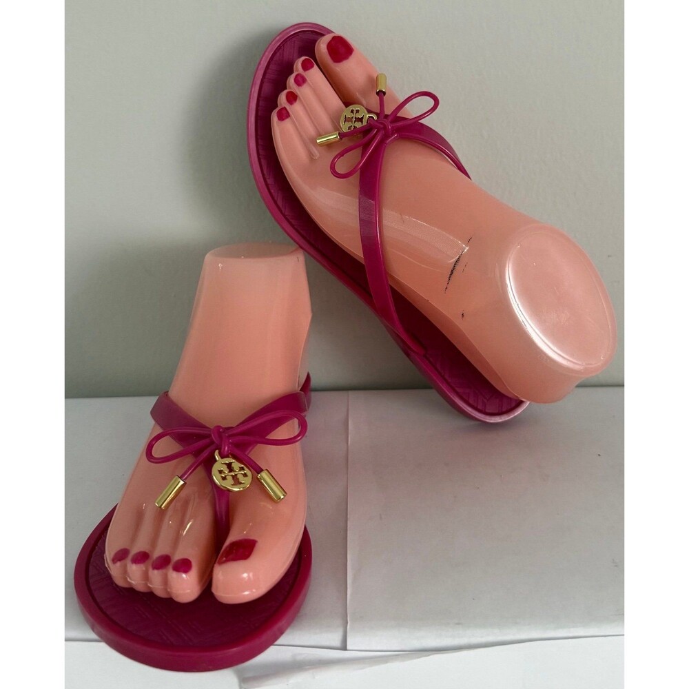 Tory Burch Womens Jelly Sandal Size 6 Hot Pink Thong Flip Flop Bow Charm Casual